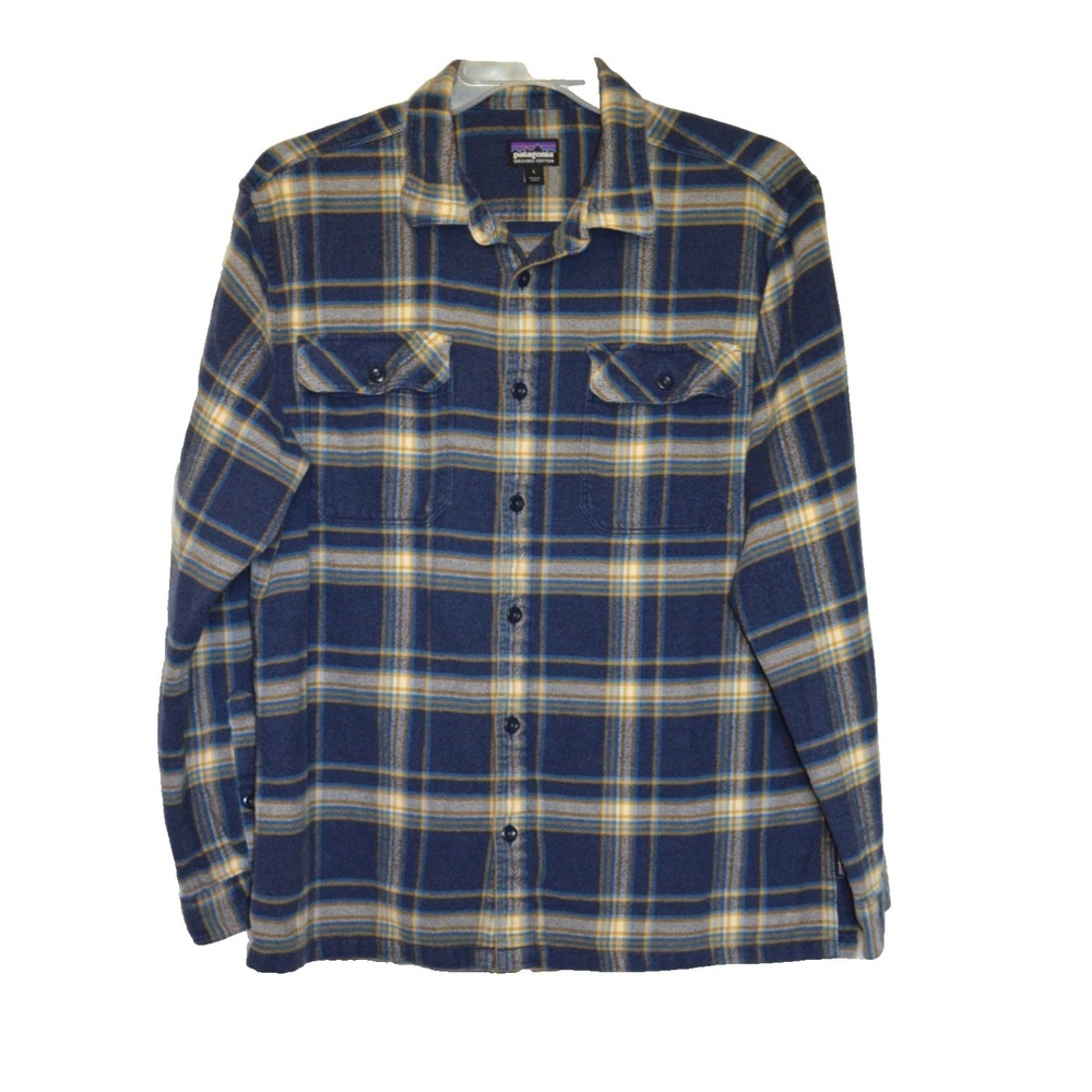Patagonia Organic Cotton Flannel Shirt Men's L Plaid Blue Yellow White